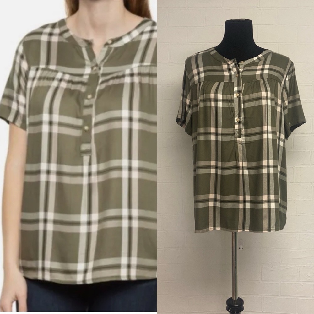 NWT C&C California, Size L, Army Green Plaid Blouse, Short Sleeve